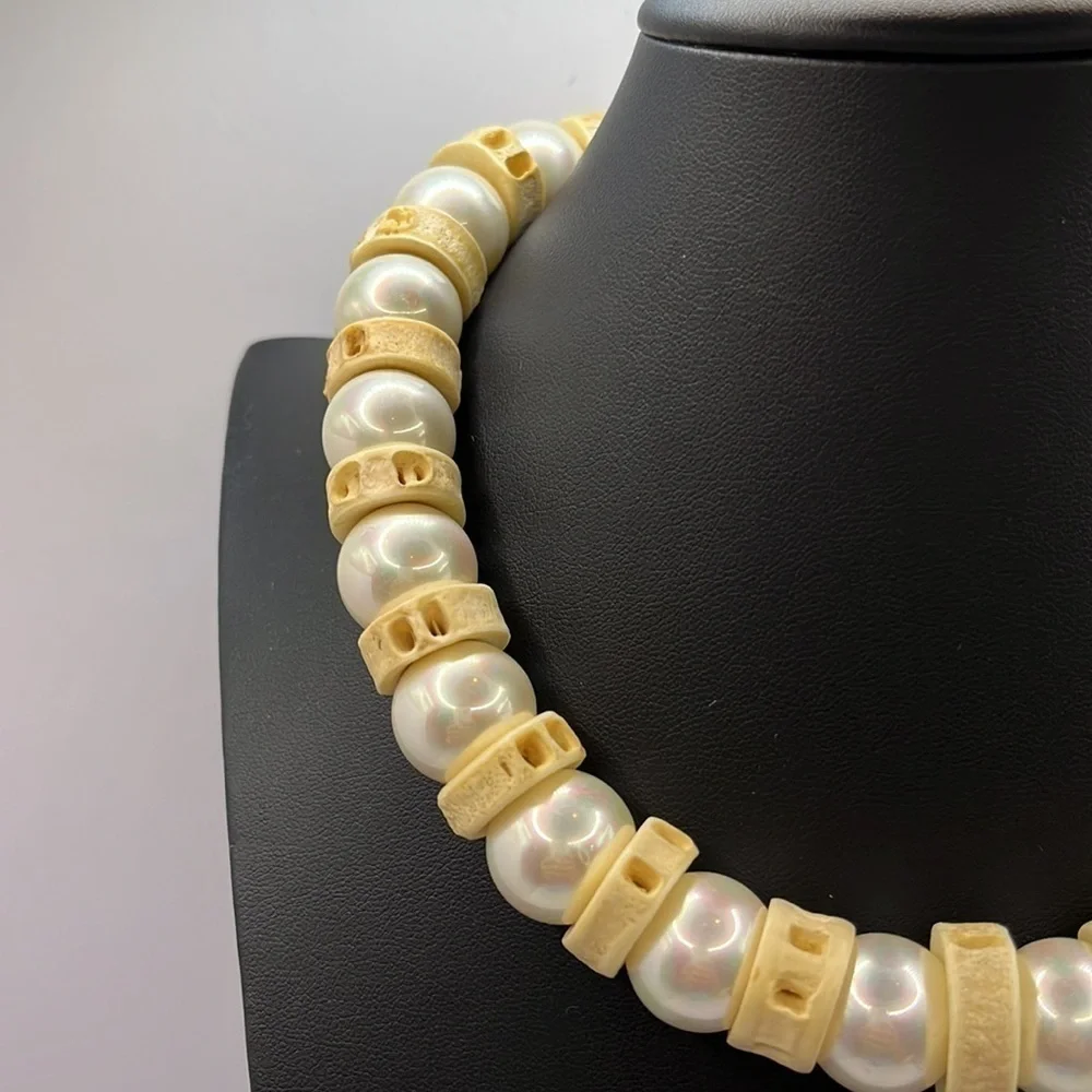 Sterling Silver Pearl and Bone Vintage unique choker necklace Toggle  Oversized